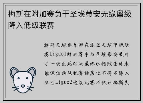 梅斯在附加赛负于圣埃蒂安无缘留级降入低级联赛