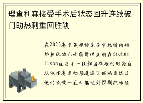 理查利森接受手术后状态回升连续破门助热刺重回胜轨 理查利森接受手术后状态回升连续破门助热刺重回胜轨